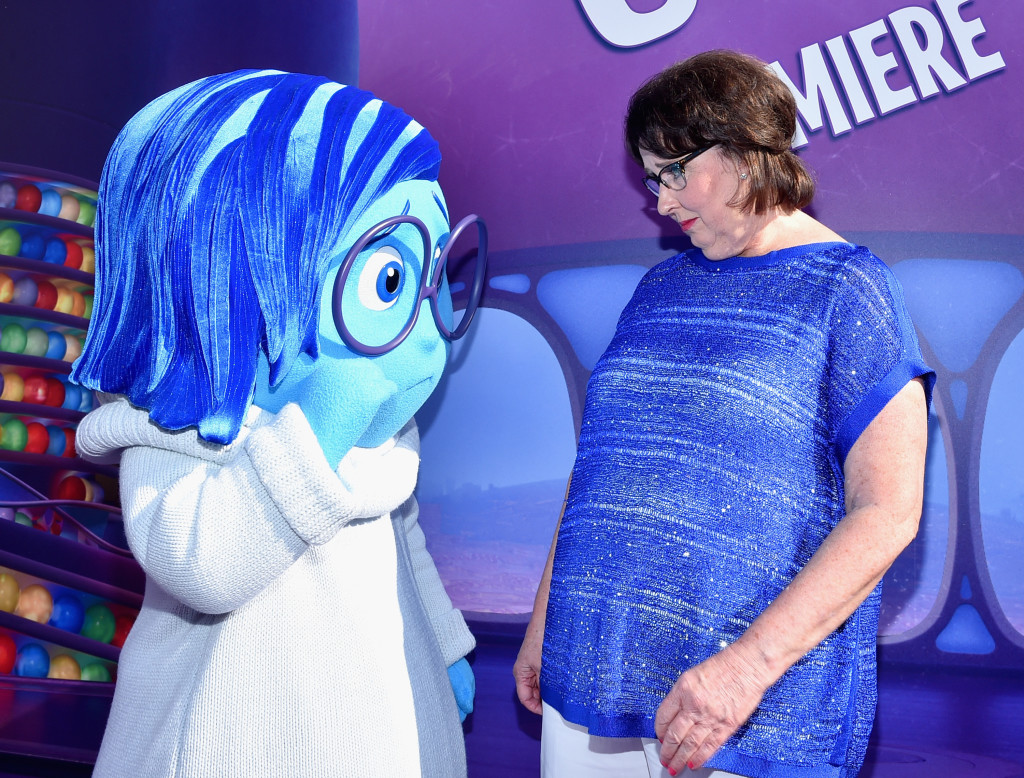 HOLLYWOOD, CA - JUNE 08: Sadness (L) and actress Phyllis Smith attends the Los Angeles Premiere and Party for Disney?Pixar?s INSIDE OUT at El Capitan Theatre on June 8, 2015 in Hollywood, California.  (Photo by Alberto E. Rodriguez/Getty Images for Disney) *** Local Caption *** Sadness; Phyllis Smith