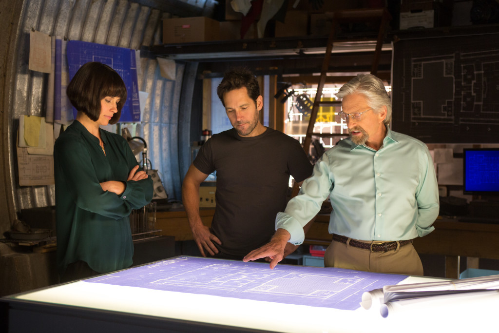 Marvel's Ant-Man L to R: Hope Van Dyne (Evangeline Lilly), Scott Lang/Ant-Man (Paul Rudd) and Hank Pym (Michael Douglas) Photo Credit: Zade Rosenthal © Marvel 2014