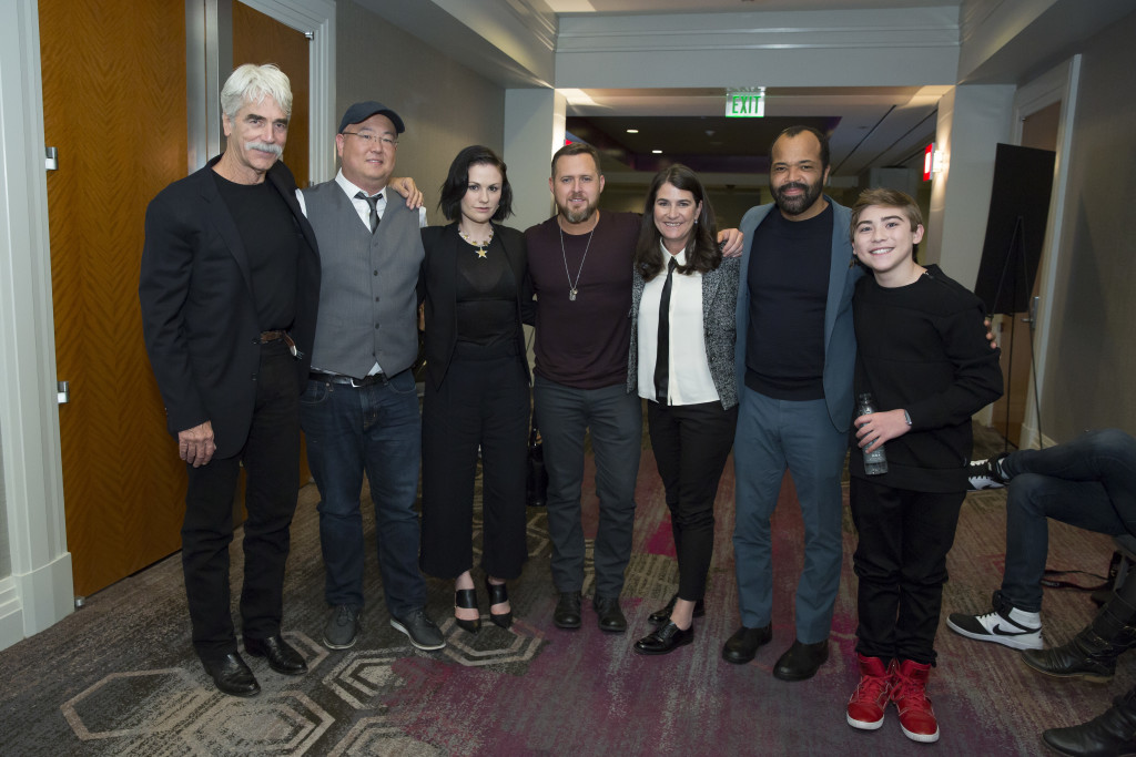 Sam Elliott, Director Peter Sohn, Anna Paquin, AJ Buckley, Producer Denise Ream, Jeffrey Wright and Raymond Ochoa attend the The Good Dinosaur Press Day in Los Angeles on November 15, 2015. Photo by Patrick Wymore. ©2015 Disney•Pixar. All Rights Reserved.