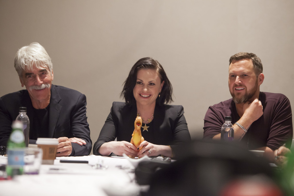 Sam Elliott, Anna Paquin and AJ Buckley attend the The Good Dinosaur Press Day in Los Angeles on November 15, 2015. Photo by Patrick Wymore. ©2015 Disney•Pixar. All Rights Reserved.