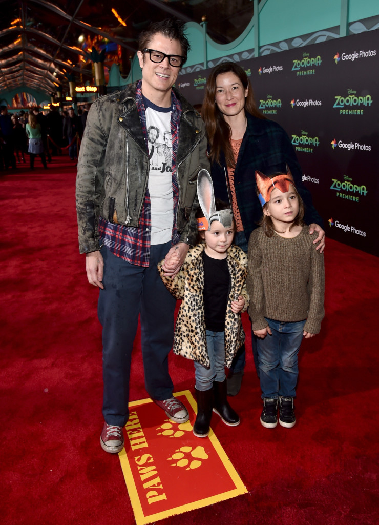 HOLLYWOOD, CA - FEBRUARY 17: Actor Johnny Knoxville, Naomi Nelson, Arlo Clapp, and Rocko Akira Clapp attend the Los Angeles premiere of Walt Disney Animation Studios' "Zootopia" on February 17, 2016 in Hollywood, California. (Photo by Alberto E. Rodriguez/Getty Images for Disney) *** Local Caption *** Johnny Knoxville; Naomi Nelson; Arlo Clapp; Rocko Akira Clapp