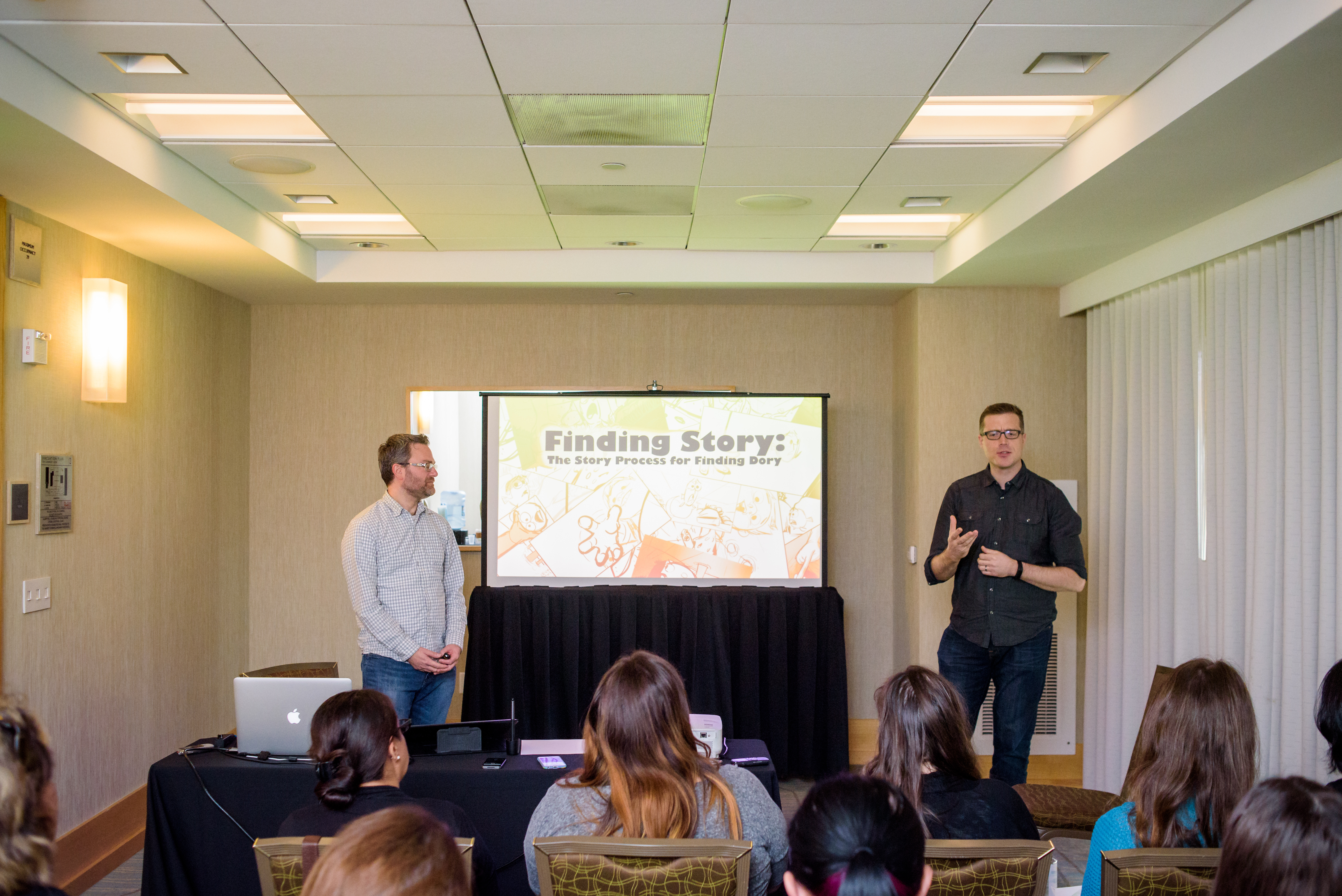 Max Brace (Story Supervisor) and Angus MacLane (Co-Director) present at the Finding Dory Long Lead press day at the Monterey Bay Aquarium in Monterey, CA. Photo by Marc Flores. ©2016 Disney•Pixar. All Rights Reserved.