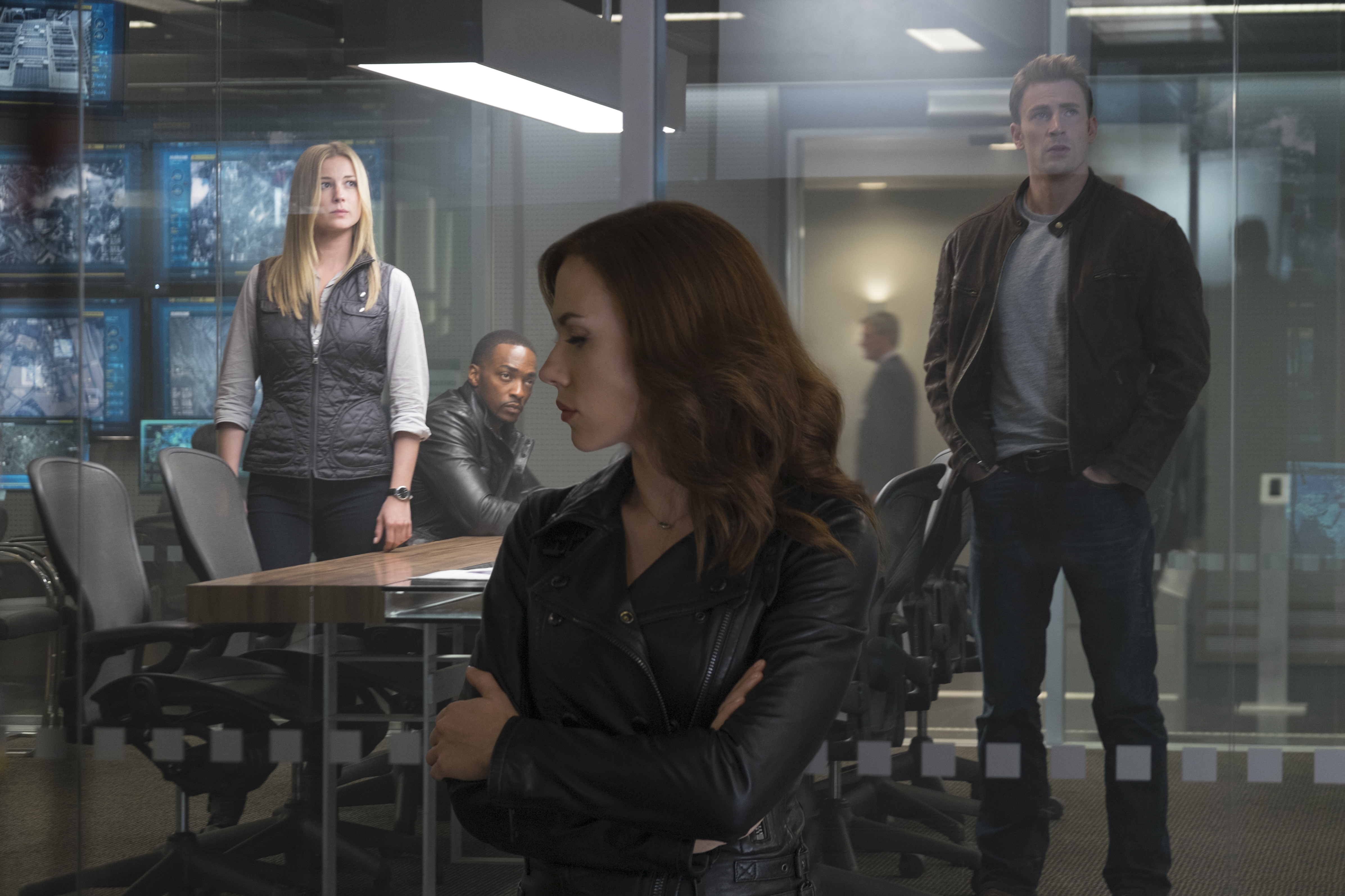 Marvel's Captain America: Civil War..L to R: Sharon Carter/Agent 13 (Emily VanCamp), Sam Wilson/Falcon (Anthony Mackie), Natasha Romanoff/Black Widow (Scarlett Johansson), and Steve Rogers/Captain America (Chris Evans)..Photo Credit: Zade Rosenthal..? Marvel 2016