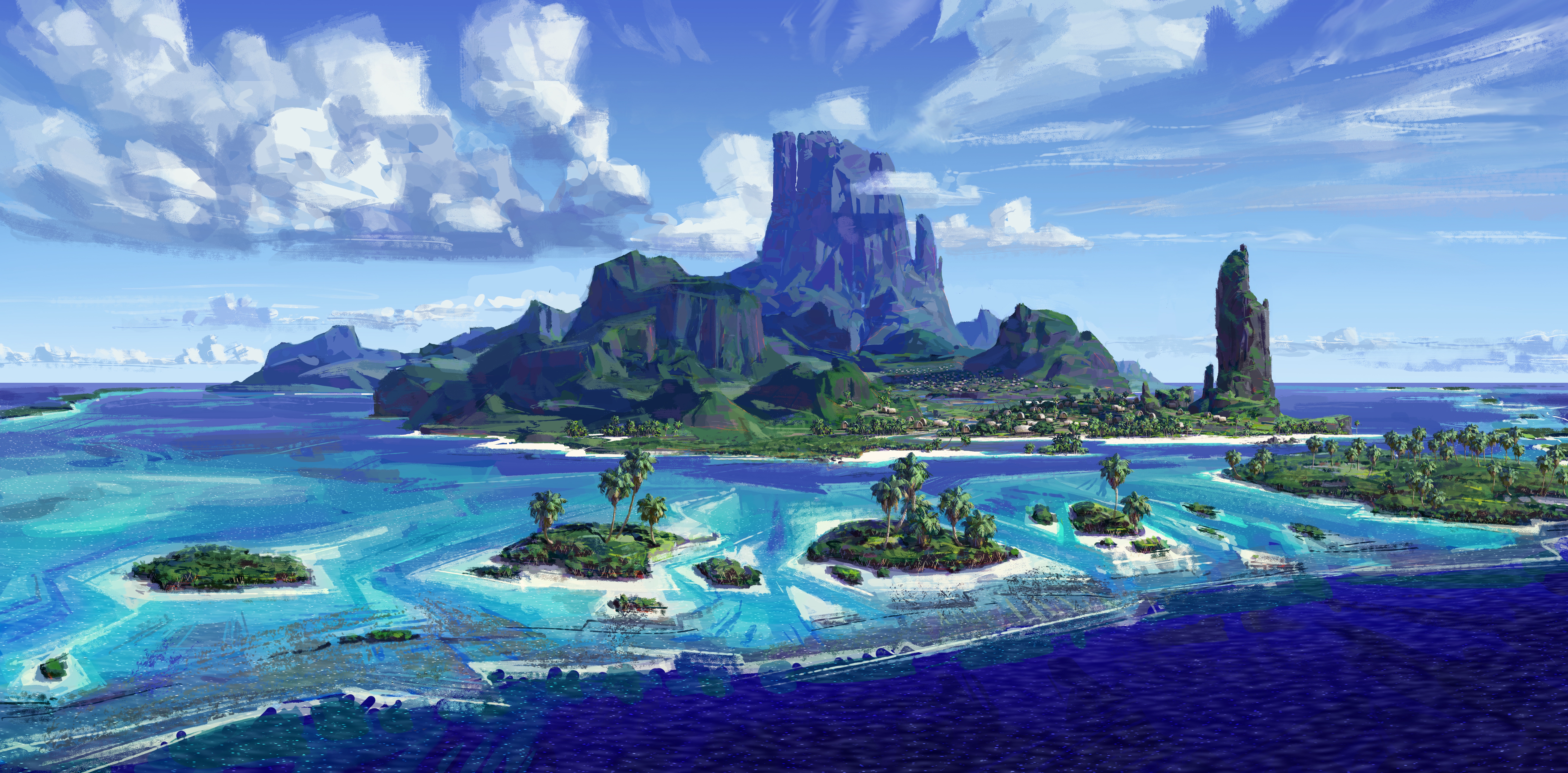 Visual development for the island of Motunui. Artist: Ian Gooding, MOANA Production Designer.