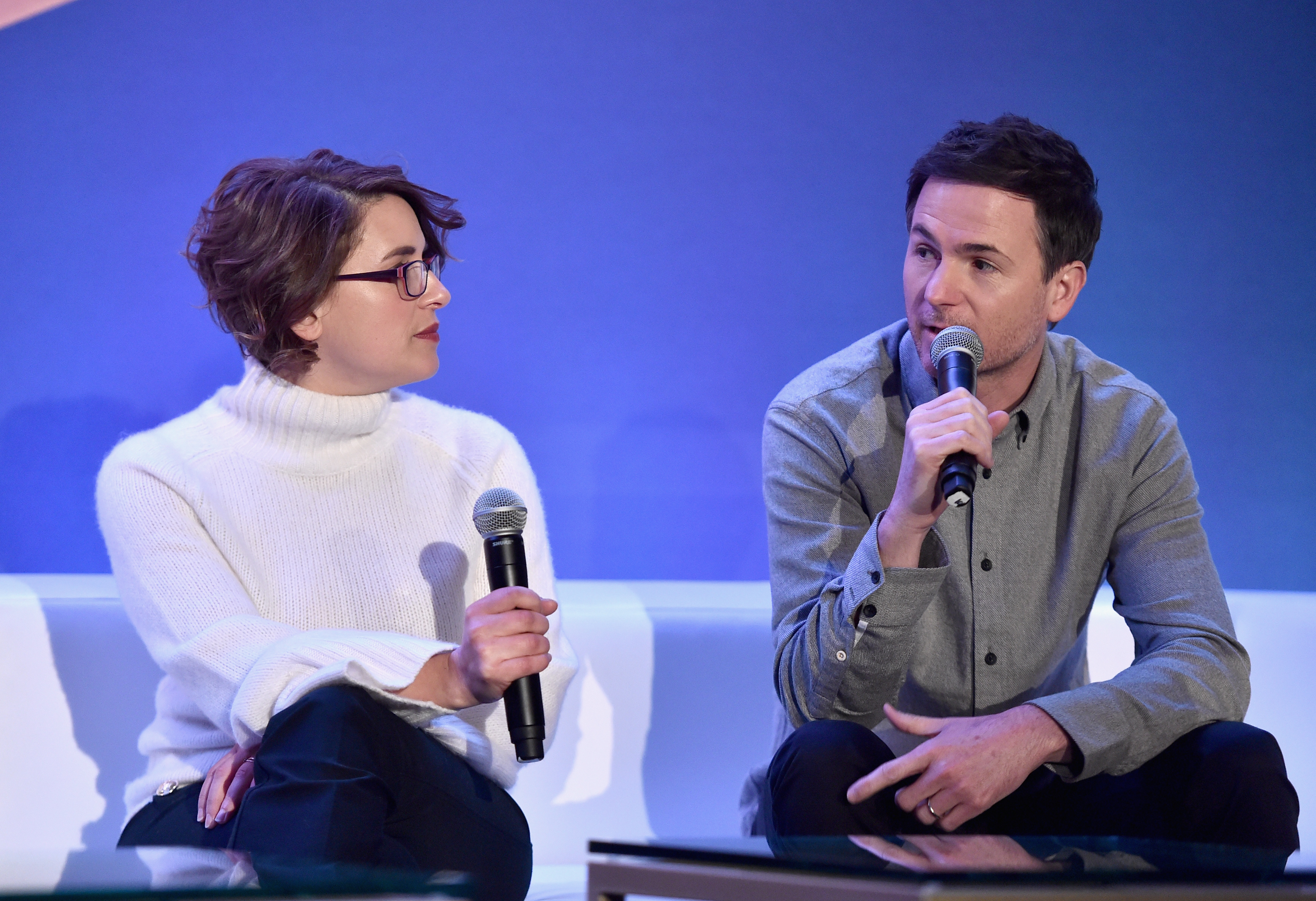 Directors Anna Boden and Ryan Fleck speak onstage during Marvel Studios' "Captain Marvel" Global Junket Press Conference at The Beverly Hilton Hotel