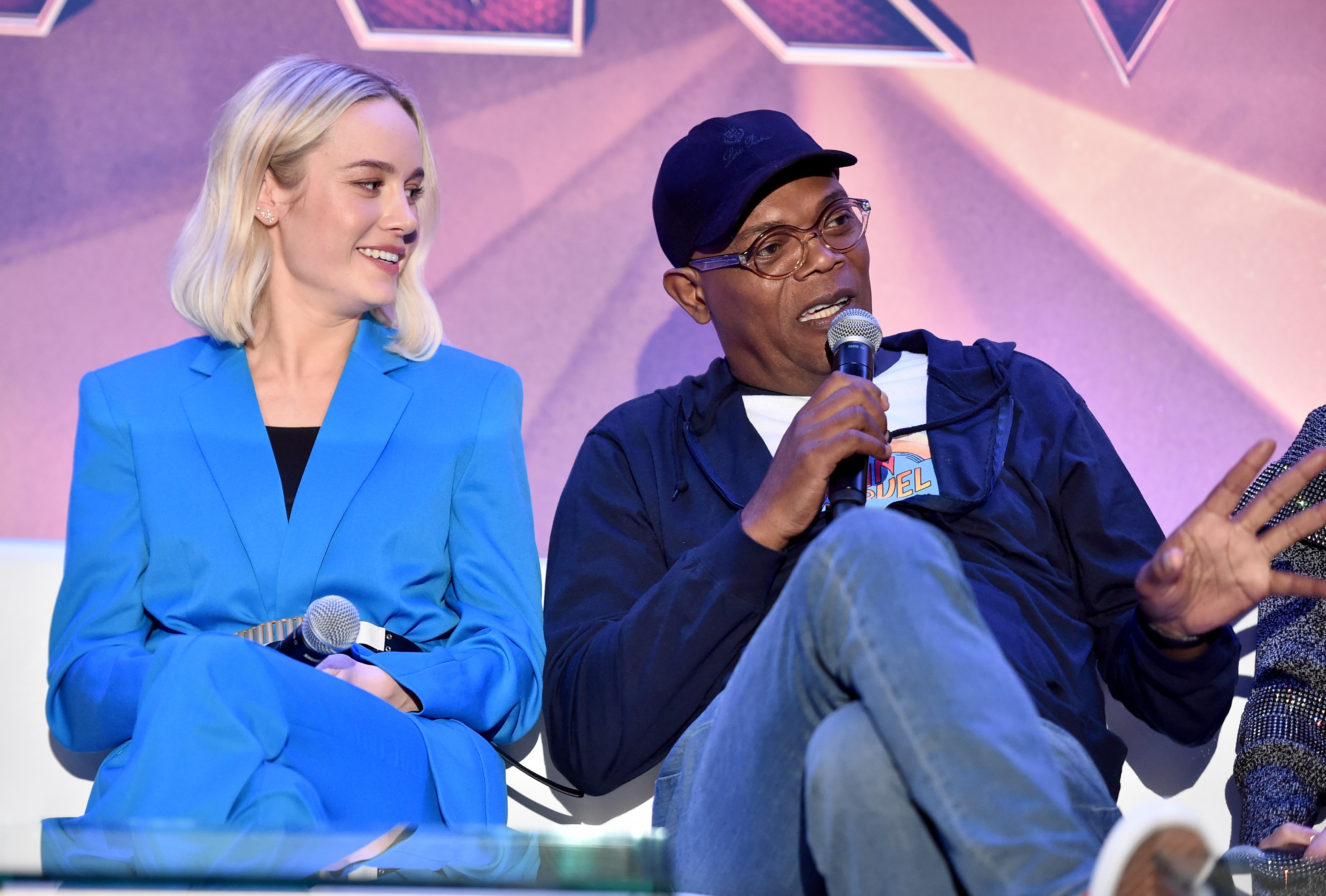 Actors Brie Larson (L) and Samuel L. Jackson