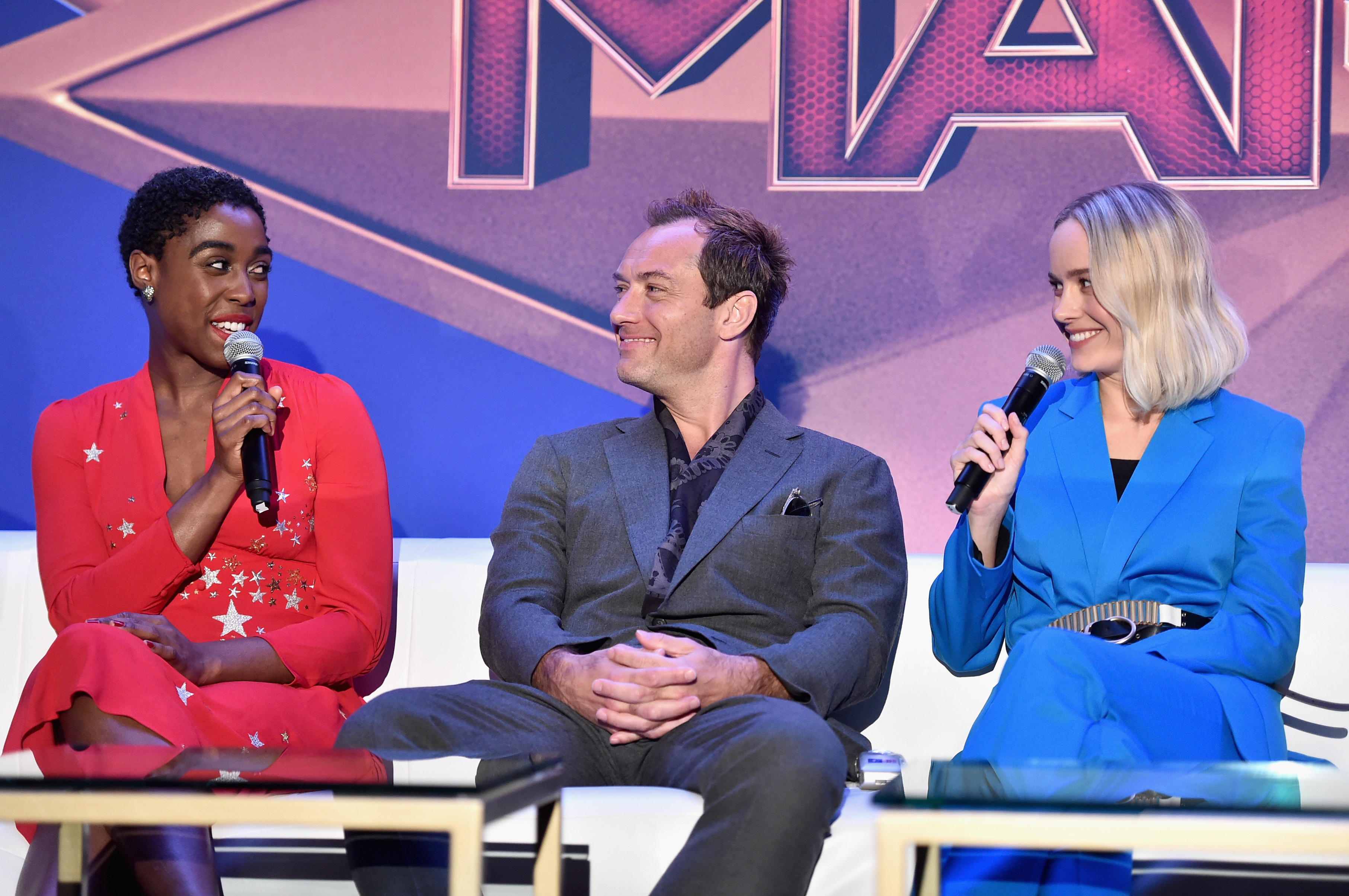 Actors Lashana Lynch, Jude Law and Brie Larson