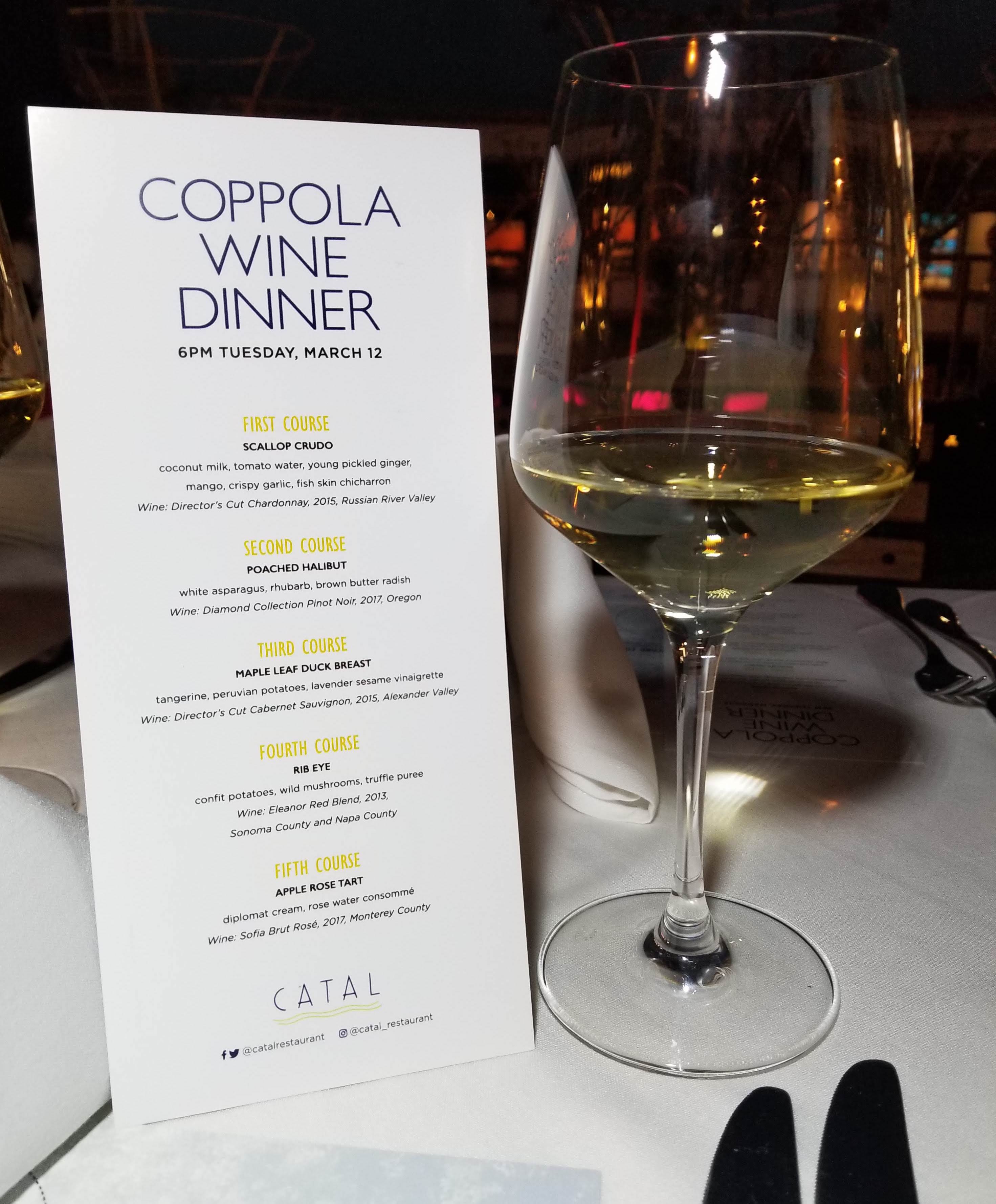 If you love good food and good wine you will want to attend this special night on March 12th at 6pm at Catal! I had the opportunity to preview Catal Restaurant's Five-Course Coppola Wine Dinner in Downtown Disney the other night. Catal Restaurant is featuring five special dishes & five Coppola Wines.