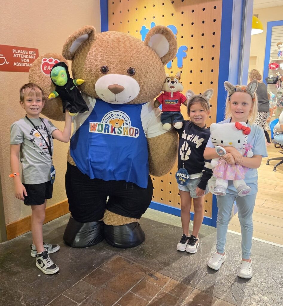 Kids showing their Build-A-Bear choices at Great Wolf Lodge's Build-A-Bear Workshop. Included with the Wolf Pass