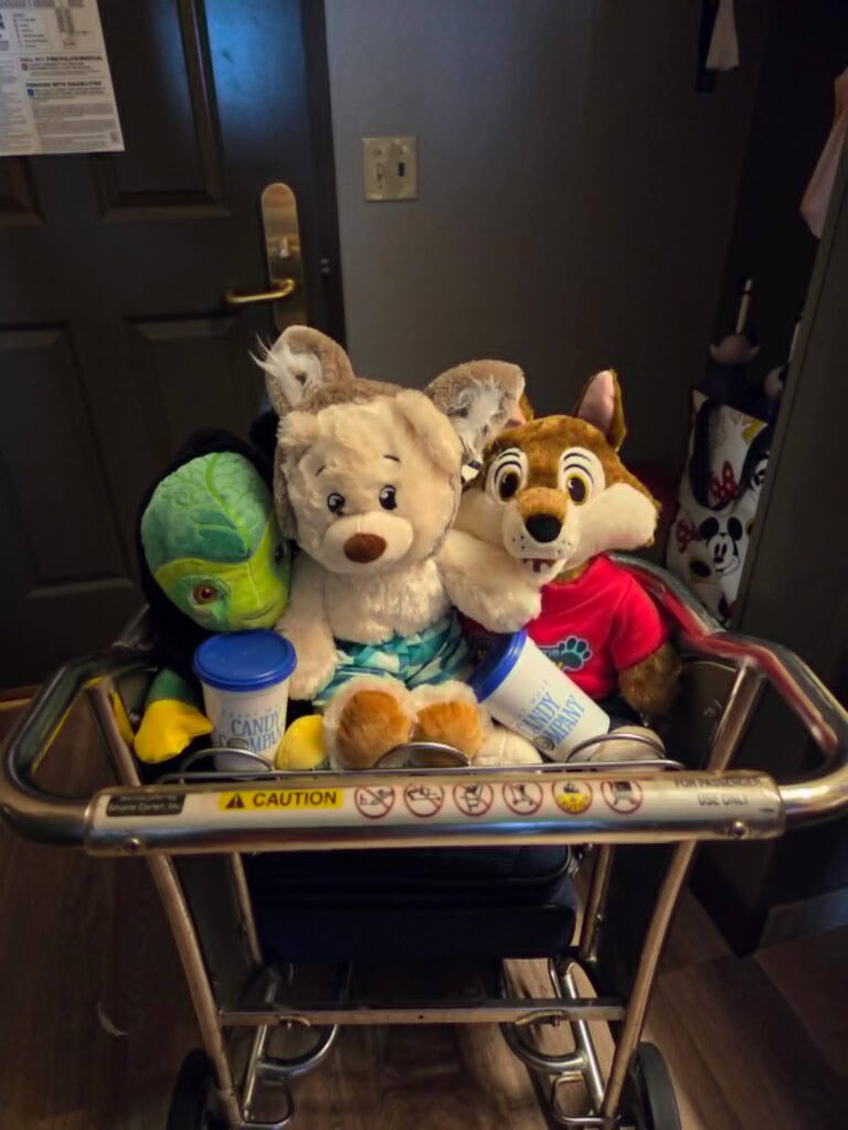 Build-A-Bear stuffed animals in a cart ready for checkout at Great Wolf Lodge after a fun family adventure.